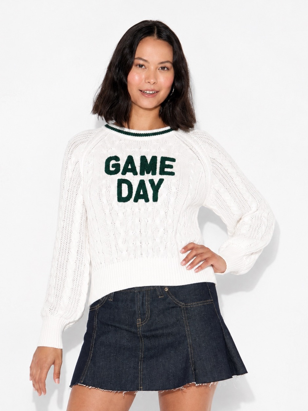 Wild Fable Game Day Cable Knit Sweater White Green Varsity Tailgate Size Large